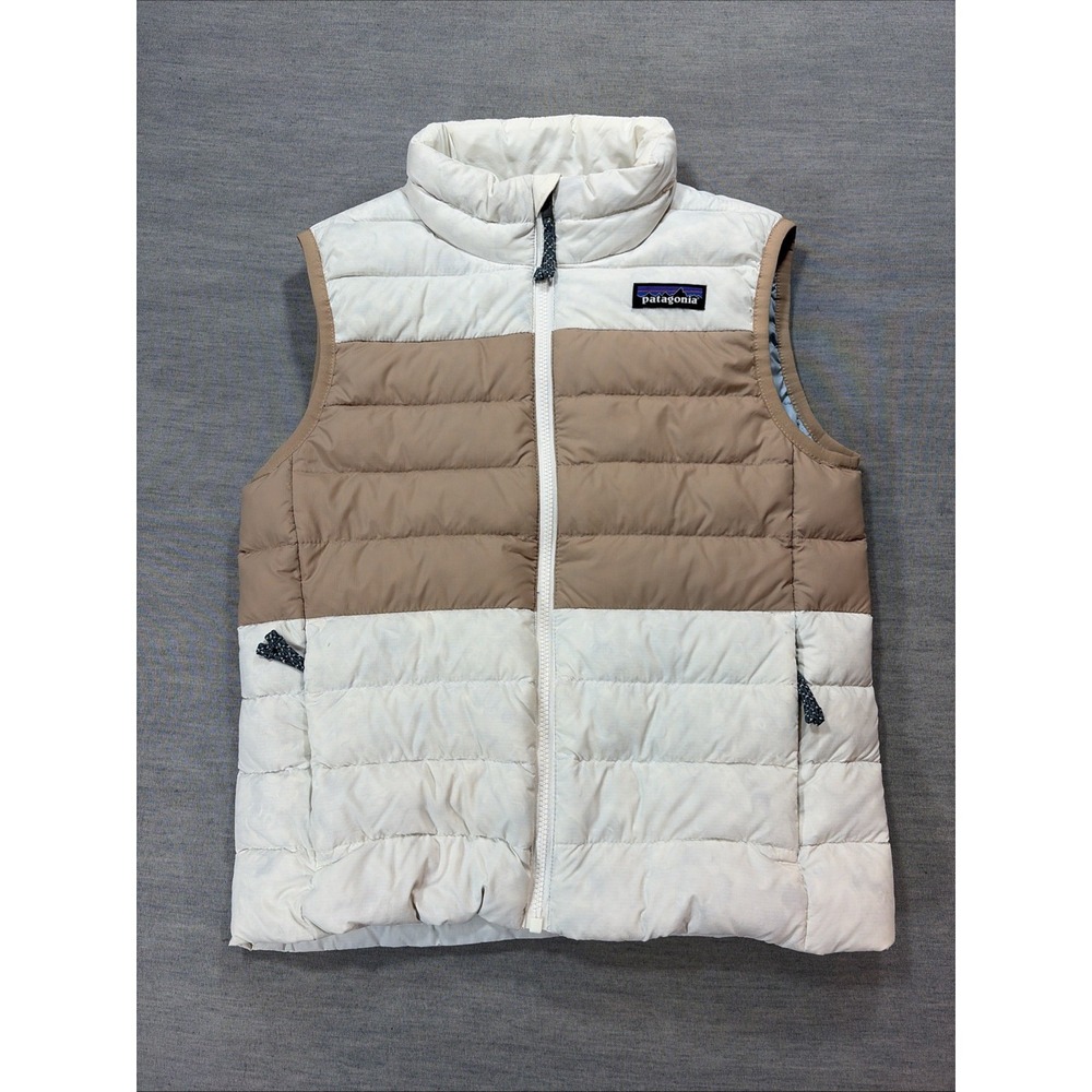 Patagonia Kids XS 5-6 Down Sweater Vest Colorblock Tan Cream Recycled Puffer